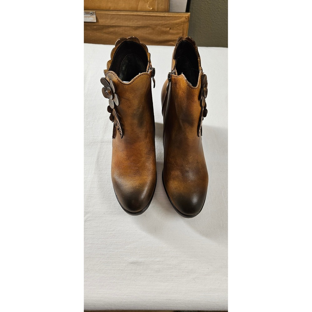 Socofy Floral Leather Ankle Boots Tan Scalloped Zip Boho Booties Size 38